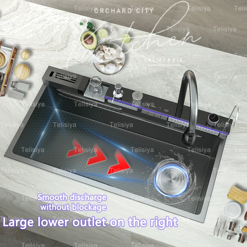 Stainless Steel Kitchen Sink Digital Display Waterfall Wash Dish Basin Multifunctional With Rack For Knife Large Single Slot Stainless Steel Kitchen Sink Digital Display Waterfall Wash Dish Basin Multifunctional With Rack For Knife Large Single Slot