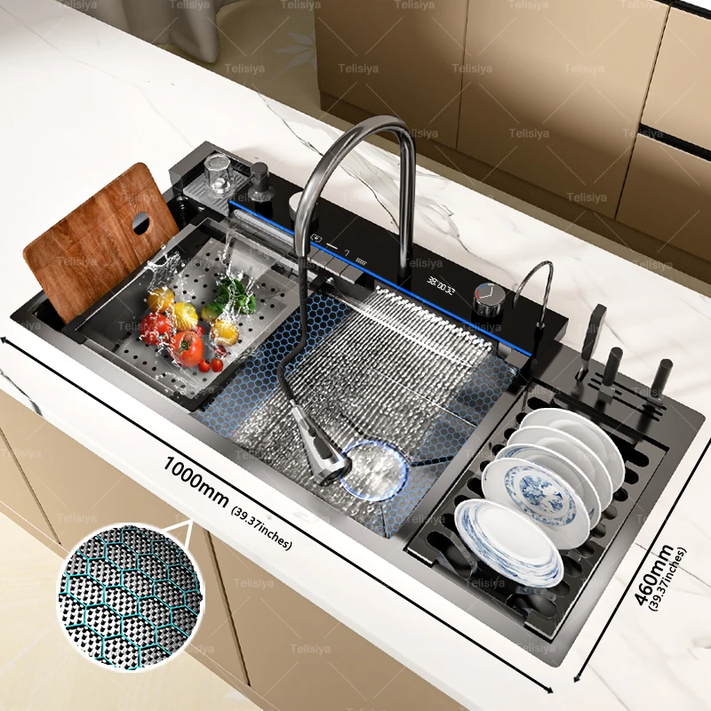 Stainless Steel Kitchen Sink Digital Display Waterfall Wash Dish Basin Multifunctional With Rack For Knife Large Single Slot Color : 68x45CM-FM-Silver|75x45CM-FM-Silver|80x45CM-FM-Silver|100X50CM-KY-Golden|100x46CM-KZ-Right|88X48CM-KI-Left|88X48CM-KH-Right|68x46CM-FM-Right|75x46CM-FM-Right|80x46CM-FM-Right|100X50CM-KX-Silver|100X50CM-KX-Right|100X50CM-KY-Left Stainless Steel Kitchen Sink Digital Display Waterfall Wash Dish Basin Multifunctional With Rack For Knife Large Single Slot Color : 68x45CM-FM-Silver|75x45CM-FM-Silver|80x45CM-FM-Silver|100X50CM-KY-Golden|100x46CM-KZ-Right|88X48CM-KI-Left|88X48CM-KH-Right|68x46CM-FM-Right|75x46CM-FM-Right|80x46CM-FM-Right|100X50CM-KX-Silver|100X50CM-KX-Right|100X50CM-KY-Left