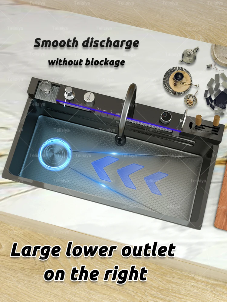 Stainless Steel Kitchen Sink Digital Display Waterfall Wash Dish Basin Multifunctional With Rack For Knife Large Single Slot Stainless Steel Kitchen Sink Digital Display Waterfall Wash Dish Basin Multifunctional With Rack For Knife Large Single Slot