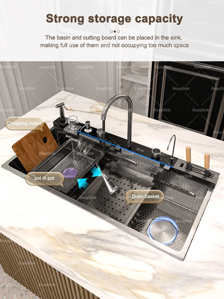 Stainless Steel Kitchen Sink Waterfall Wash Vegetables Basin Intelligent Digital Display Stainless Steel Kitchen Sink Waterfall Wash Vegetables Basin Intelligent Digital Display
