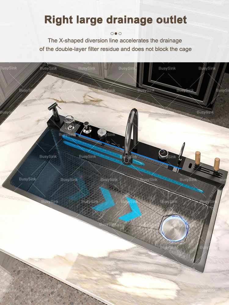 Stainless Steel Kitchen Sink Waterfall Wash Vegetables Basin Intelligent Digital Display Stainless Steel Kitchen Sink Waterfall Wash Vegetables Basin Intelligent Digital Display