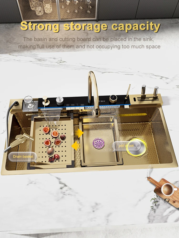 Stainless Steel Kitchen Sink Waterfall Wash Vegetables Basin Intelligent Digital Display Stainless Steel Kitchen Sink Waterfall Wash Vegetables Basin Intelligent Digital Display