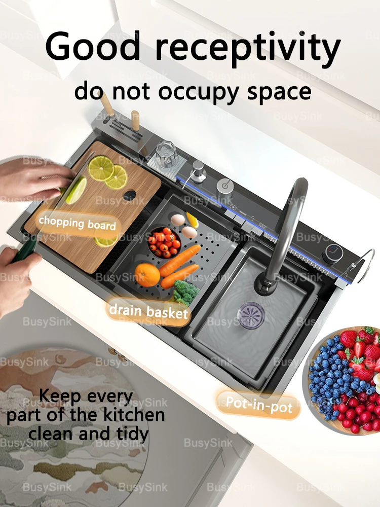 Stainless Steel Kitchen Sink Waterfall Wash Vegetables Basin Intelligent Digital Display Stainless Steel Kitchen Sink Waterfall Wash Vegetables Basin Intelligent Digital Display