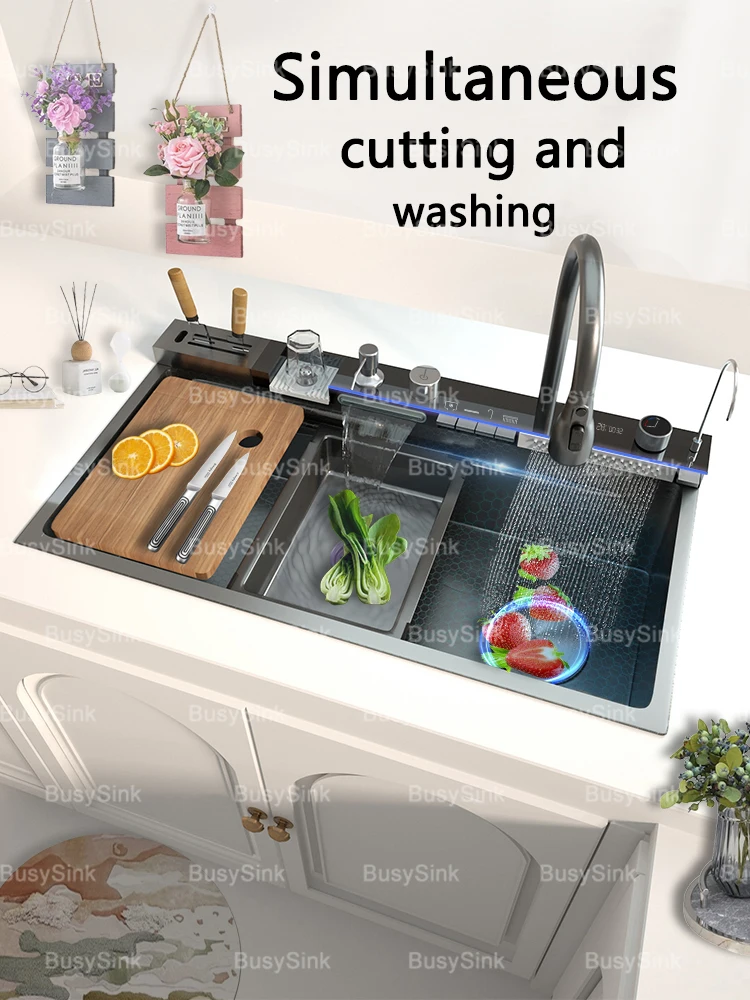 Stainless Steel Kitchen Sink Waterfall Wash Vegetables Basin Intelligent Digital Display Stainless Steel Kitchen Sink Waterfall Wash Vegetables Basin Intelligent Digital Display