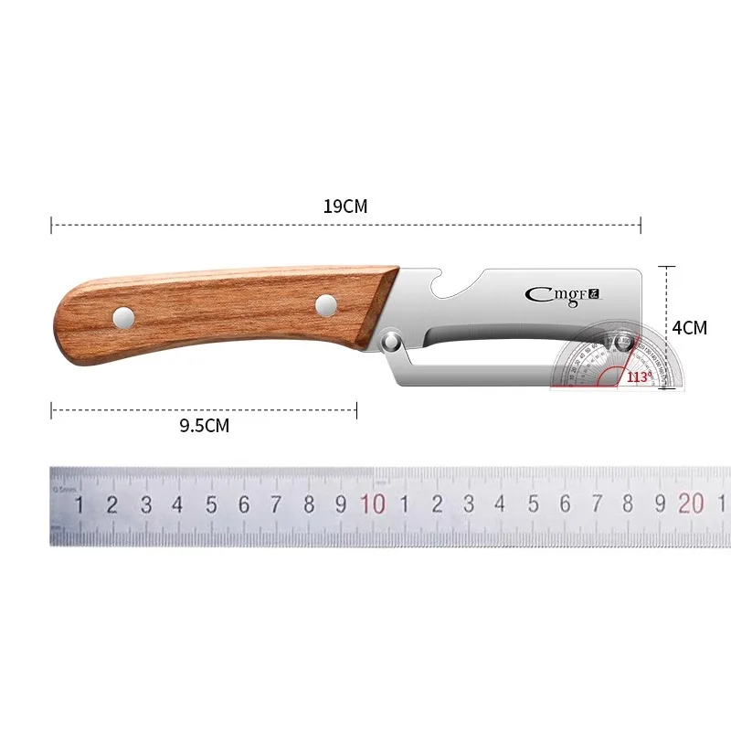 Stainless steel peeler with wooden handle for peeling and slicing fruits and vegetables