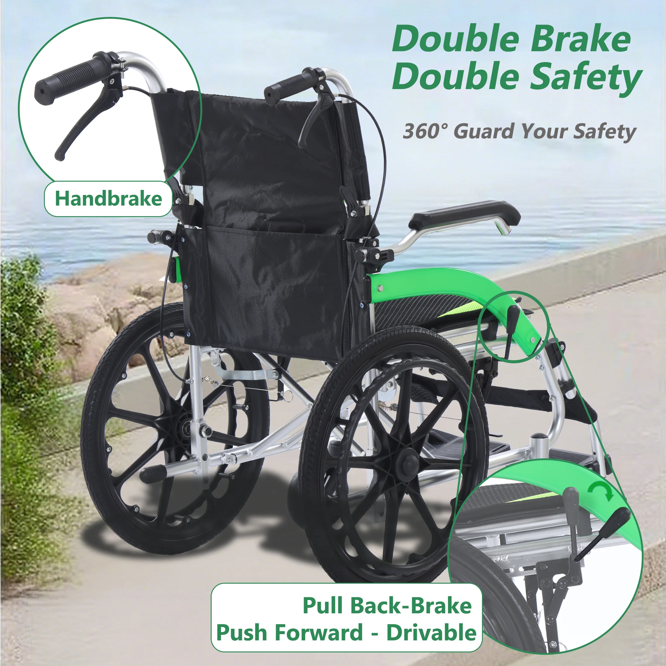 Ultra-Lightweight Transport Wheelchair Folding Wheelchair with Handbrake Durable Adult Wheelchair Airline-Certified Suitable Color : green Ultra-Lightweight Transport Wheelchair Folding Wheelchair with Handbrake Durable Adult Wheelchair Airline-Certified Suitable Color : green