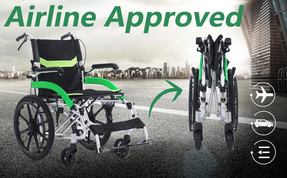 Ultra-Lightweight Transport Wheelchair Folding Wheelchair with Handbrake Durable Adult Wheelchair Airline-Certified Suitable