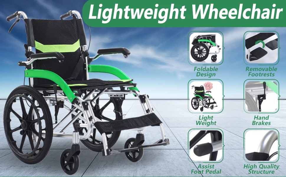 Ultra-Lightweight Transport Wheelchair Folding Wheelchair with Handbrake Durable Adult Wheelchair Airline-Certified Suitable