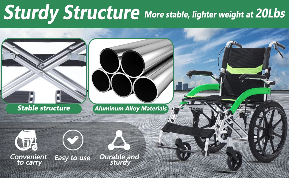 Ultra-Lightweight Transport Wheelchair Folding Wheelchair with Handbrake Durable Adult Wheelchair Airline-Certified Suitable