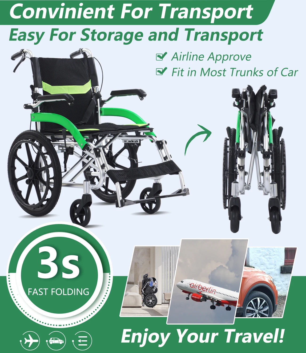 Ultra-Lightweight Transport Wheelchair Folding Wheelchair with Handbrake Durable Adult Wheelchair Airline-Certified Suitable