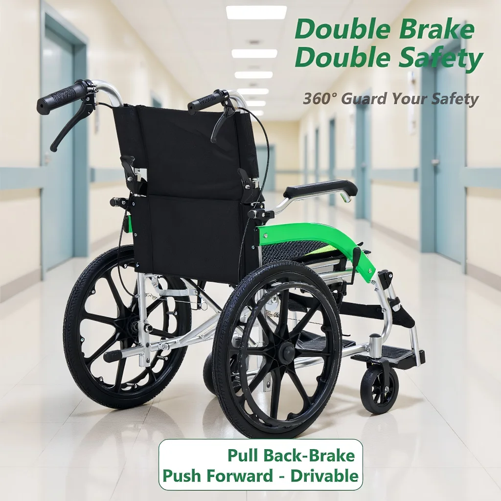 Ultra-Lightweight Transport Wheelchair Folding Wheelchair with Handbrake Durable Adult Wheelchair Airline-Certified Suitable