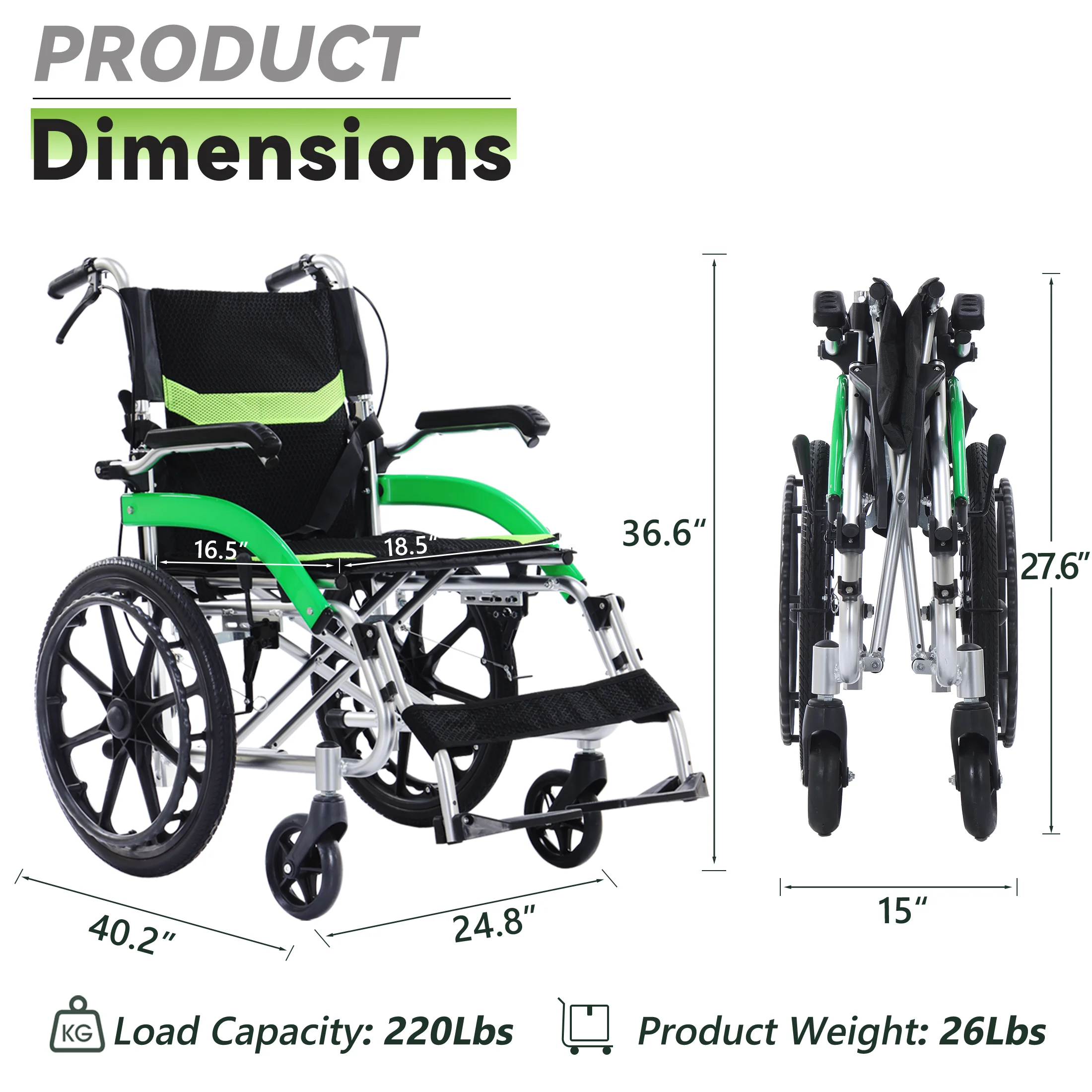 Ultra-Lightweight Transport Wheelchair Folding Wheelchair with Handbrake Durable Adult Wheelchair Airline-Certified Suitable Color : green Ultra-Lightweight Transport Wheelchair Folding Wheelchair with Handbrake Durable Adult Wheelchair Airline-Certified Suitable Color : green