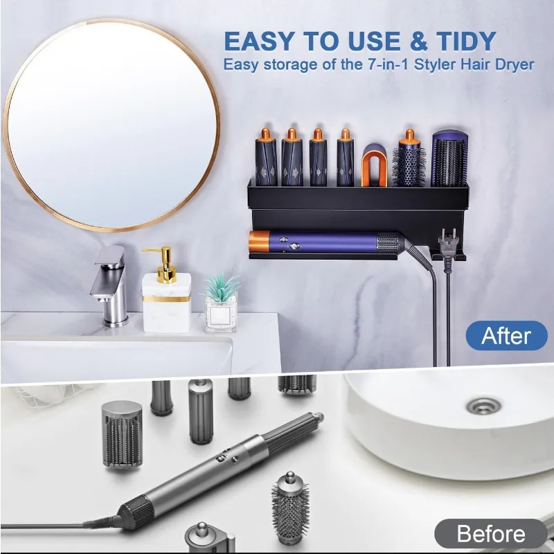 Wall Mounted Storage Rack for Curling Iron Blow Dryer Multi Function Holder