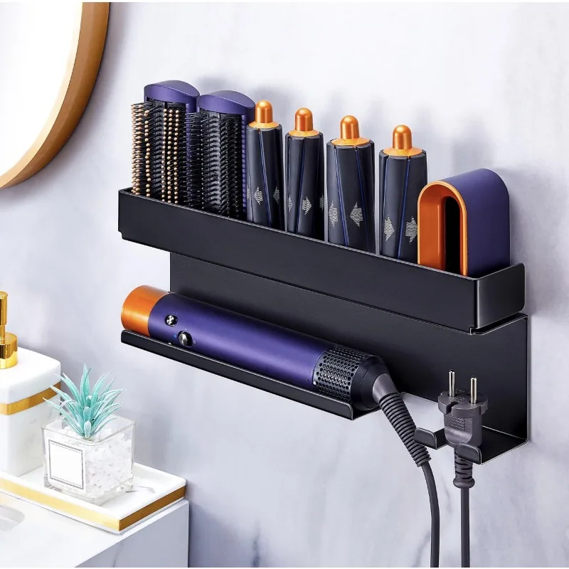 Wall Mounted Storage Rack for Curling Iron Blow Dryer Multi Function Holder