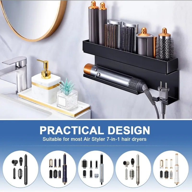 Wall Mounted Storage Rack for Curling Iron Blow Dryer Multi Function Holder