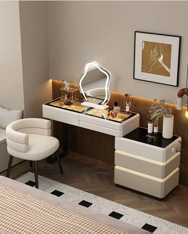 Modern Dressing Table Vanity Desk with Wireless Charging Station Bluetooth Speaker Glass Top Lighted Mirror with 8 Drawers Side