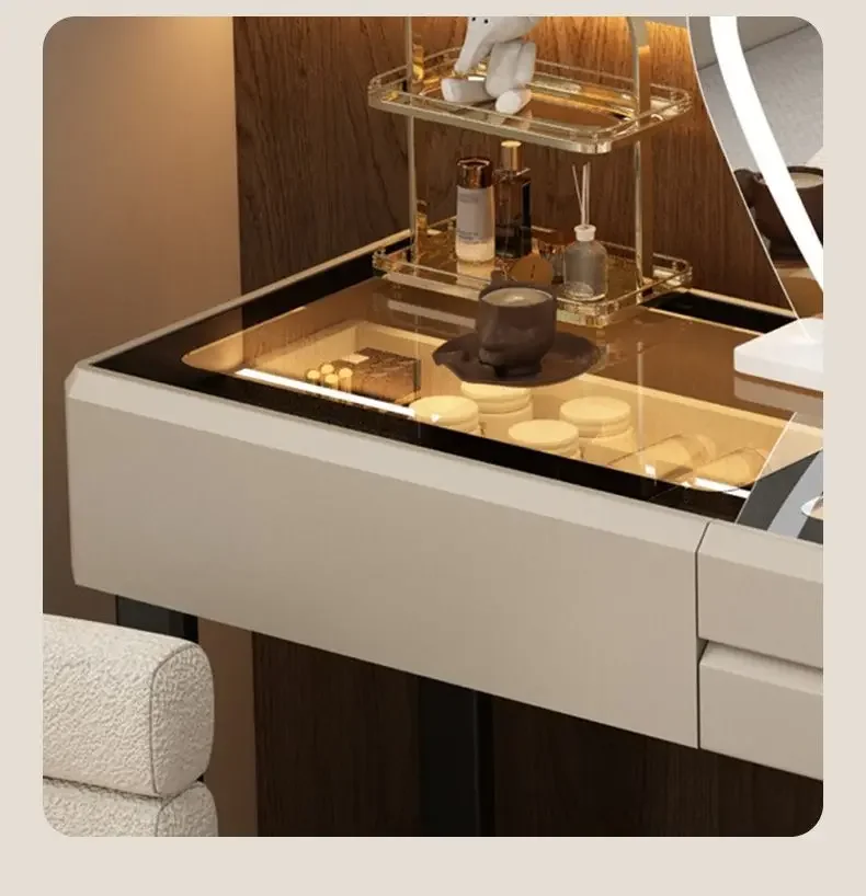 Modern Dressing Table Vanity Desk with Wireless Charging Station Bluetooth Speaker Glass Top Lighted Mirror with 8 Drawers Side