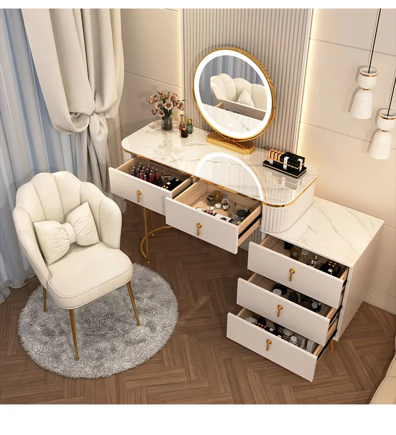 French Beauty Vanity Table Luxury With Light Mirror Trendy Aesthetic Vanity Table With Chair Kawaii Meuble Coiffeuse Furniture
