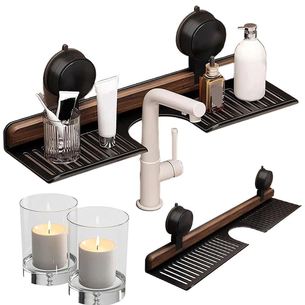 Walnut Suction Cup Bathroom Shelf No Drilling