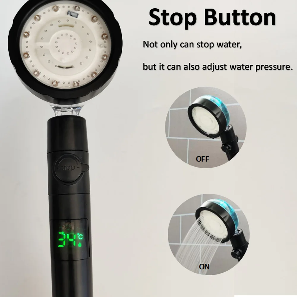 LED Digital Temperature Display Pressurized Shower Head With Fan Colorful High Pressure Large Flow One-Key Stop Handheld Shower LED Digital Temperature Display Pressurized Shower Head With Fan Colorful High Pressure Large Flow One-Key Stop Handheld Shower