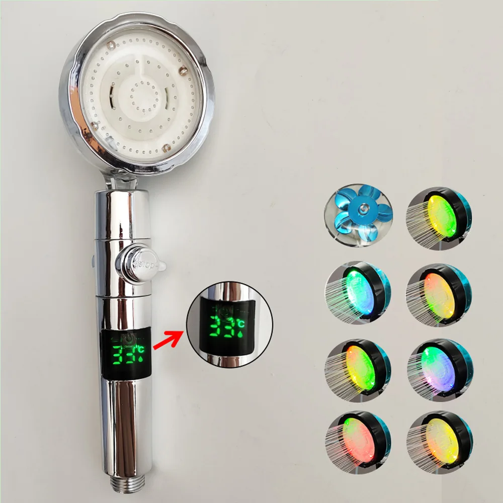 LED Digital Temperature Display Pressurized Shower Head With Fan Colorful High Pressure Large Flow One-Key Stop Handheld Shower LED Digital Temperature Display Pressurized Shower Head With Fan Colorful High Pressure Large Flow One-Key Stop Handheld Shower