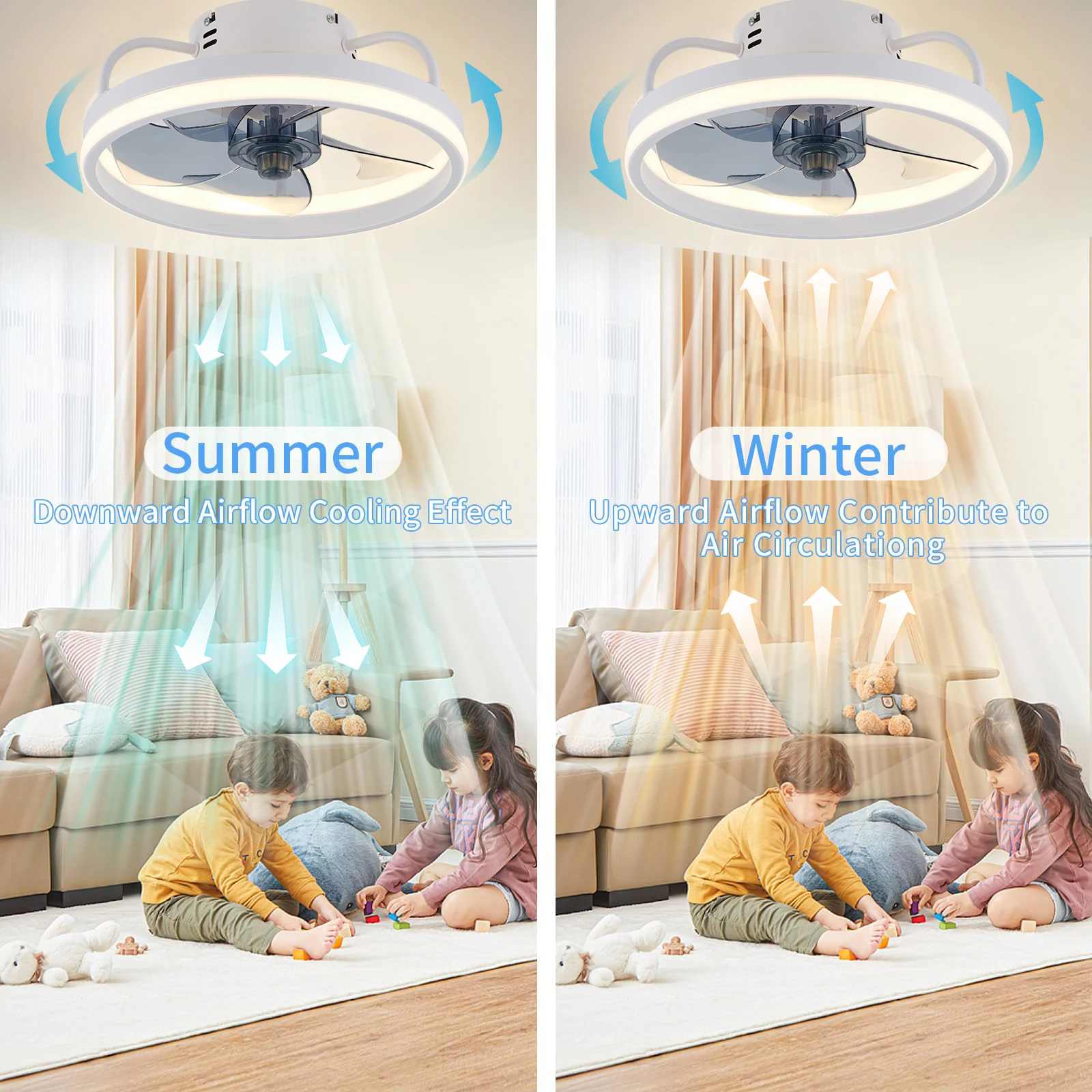 55W Smart Ceiling Fan Fans With Lights Remote Control Bedroom Decor Ventilator Lamp 33cm Air Invisible Blades Silent