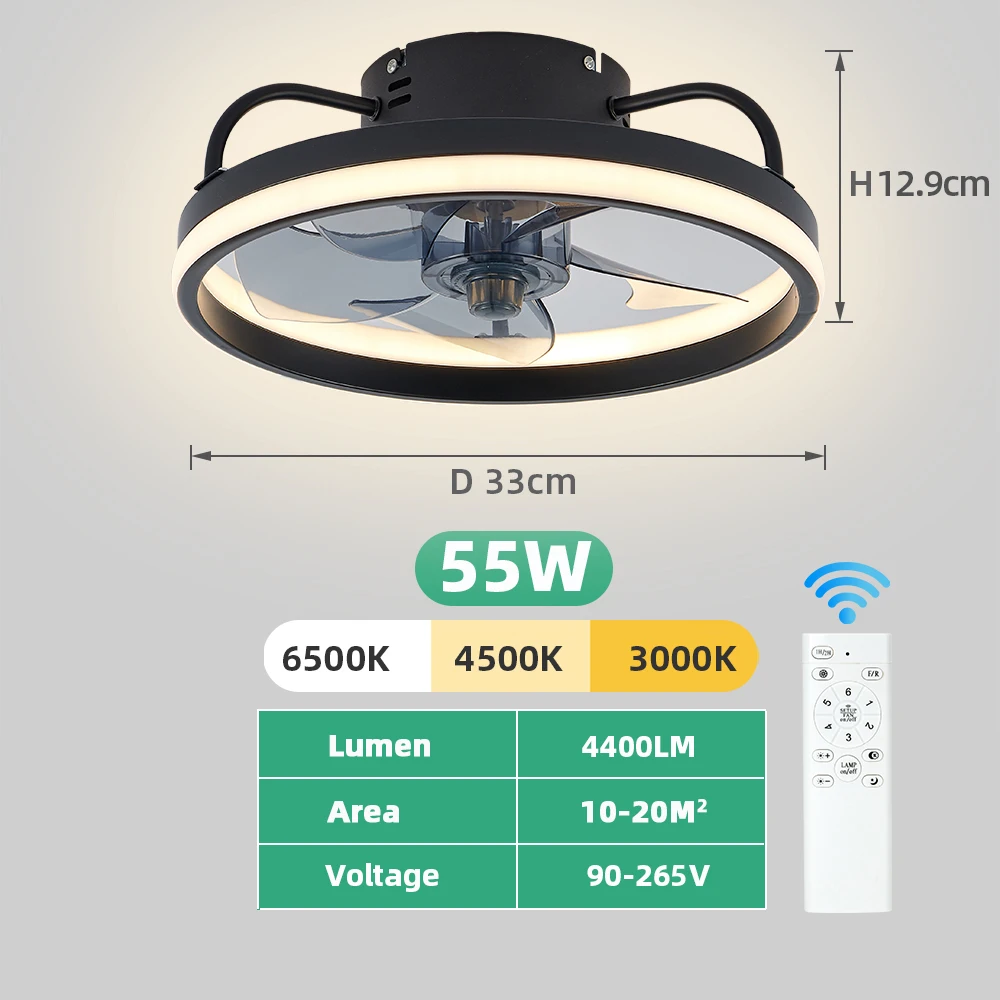 55W Smart Ceiling Fan Fans With Lights Remote Control Bedroom Decor Ventilator Lamp 33cm Air Invisible Blades Silent