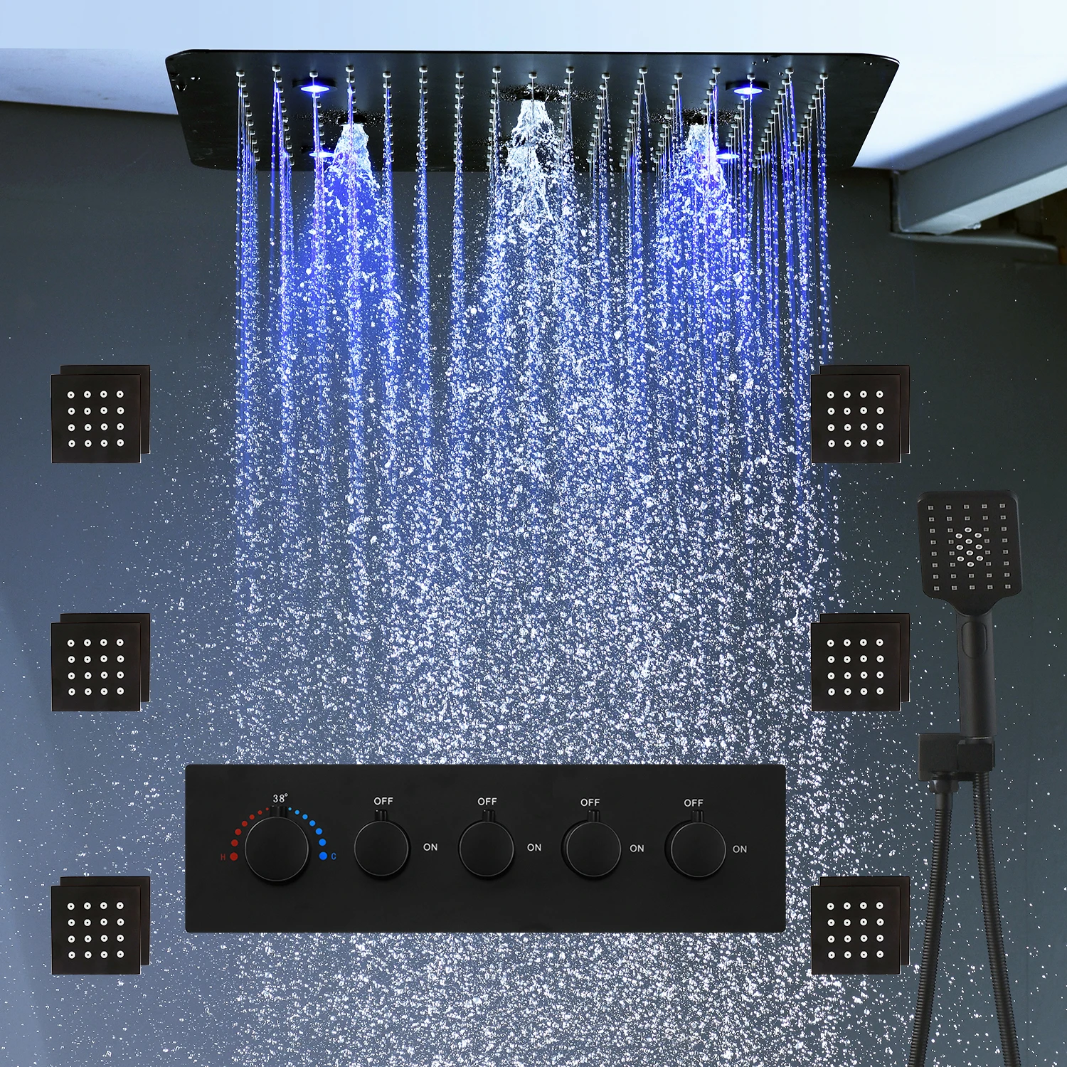 Bathroom 20inch 50x50cm Shower Head Panel Faucet Rain Mist Laterfal Jets Thermostatic Valve Mixer System SPA Massage Set Bathroom 20inch 50x50cm Shower Head Panel Faucet Rain Mist Laterfal Jets Thermostatic Valve Mixer System SPA Massage Set
