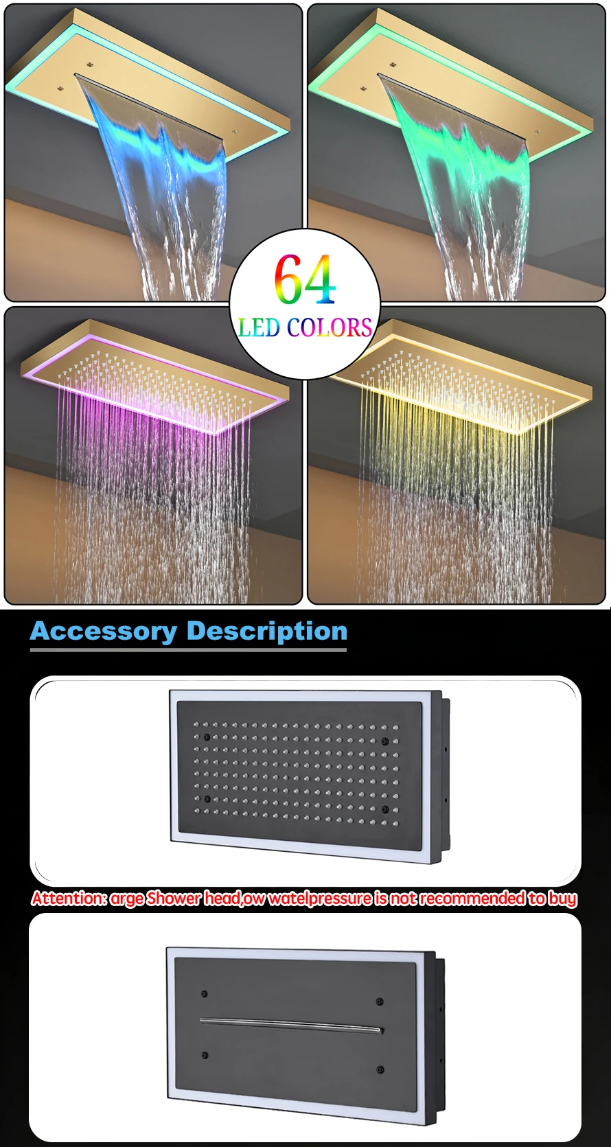Qlonn Bathroom Smart Shower Set LED Lighting  Embedded Ceiling 1200*200mm Shower Head 4 Functions Thermostat Flow Divider Valve