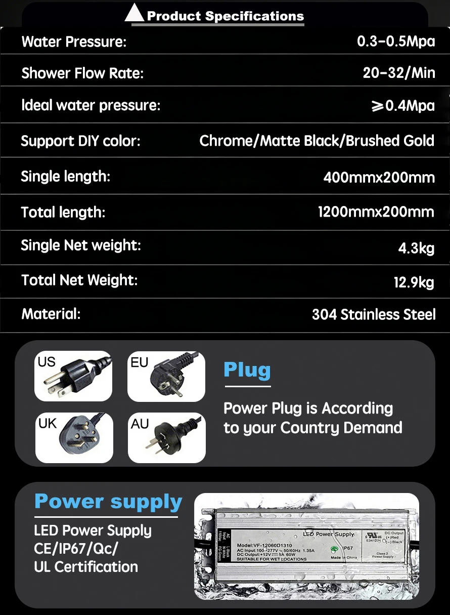 Qlonn Bathroom Smart Shower Set LED Lighting  Embedded Ceiling 1200*200mm Shower Head 4 Functions Thermostat Flow Divider Valve