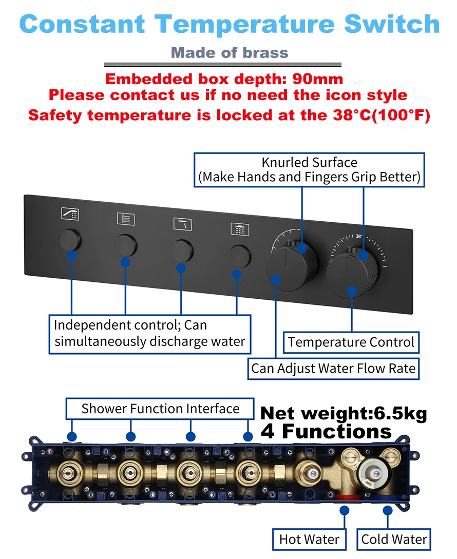 Qlonn Bathroom Smart Shower Set LED Lighting  Embedded Ceiling 1200*200mm Shower Head 4 Functions Thermostat Flow Divider Valve