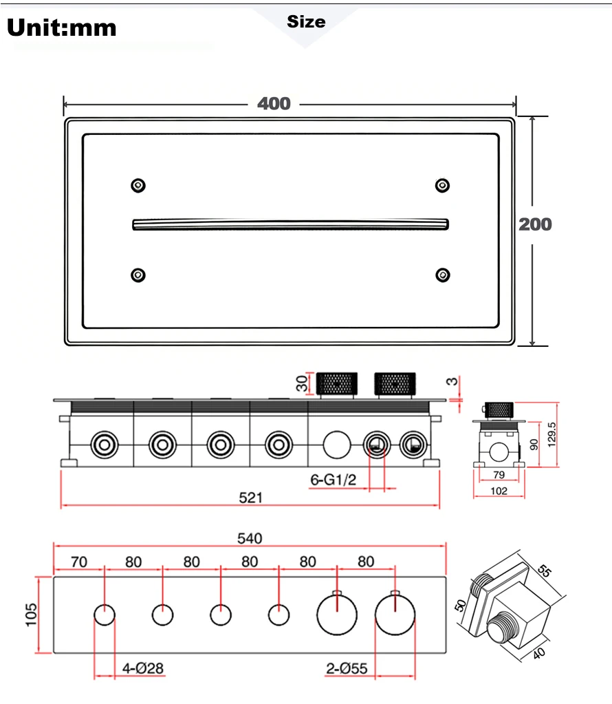 Qlonn Bathroom Smart Shower Set LED Lighting  Embedded Ceiling 1200*200mm Shower Head 4 Functions Thermostat Flow Divider Valve