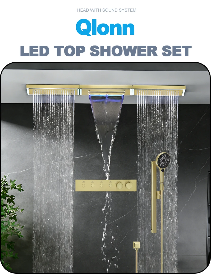 Qlonn Bathroom Smart Shower Set LED Lighting  Embedded Ceiling 1200*200mm Shower Head 4 Functions Thermostat Flow Divider Valve