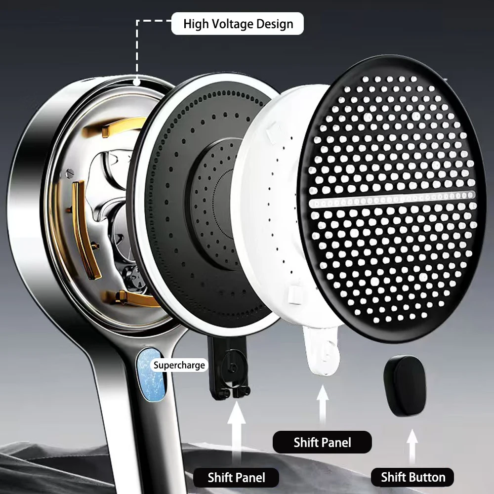 Black 15CM Big Panel 4 Modes Pressure Boost Shower Head