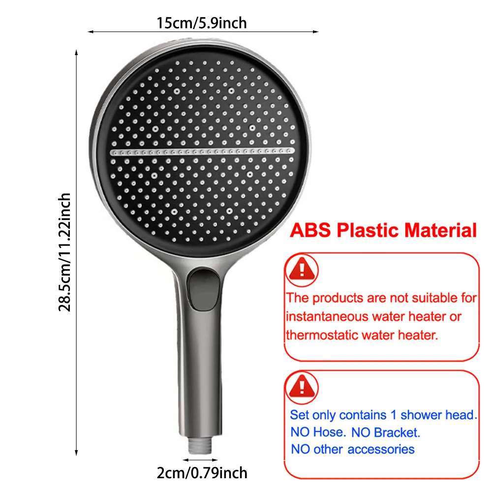 Black 15CM Big Panel 4 Modes Pressure Boost Shower Head