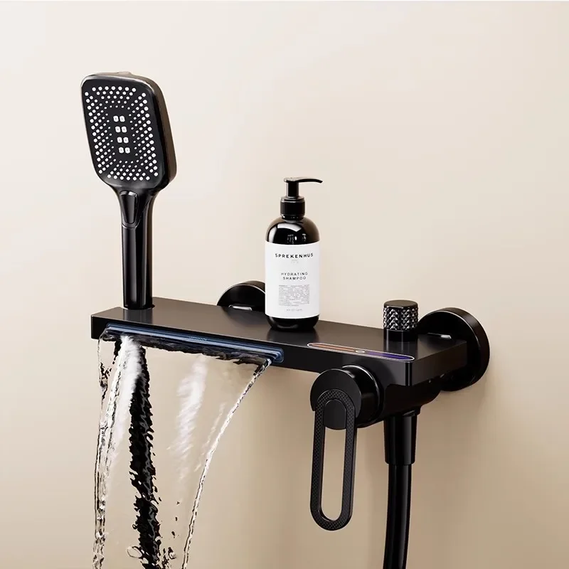 Brushed Gold Bath and Shower Faucet Set Wall Mounted Brass Gray Waterfall Bathtub and Shower Mixer Black Bathroom Taps Brass