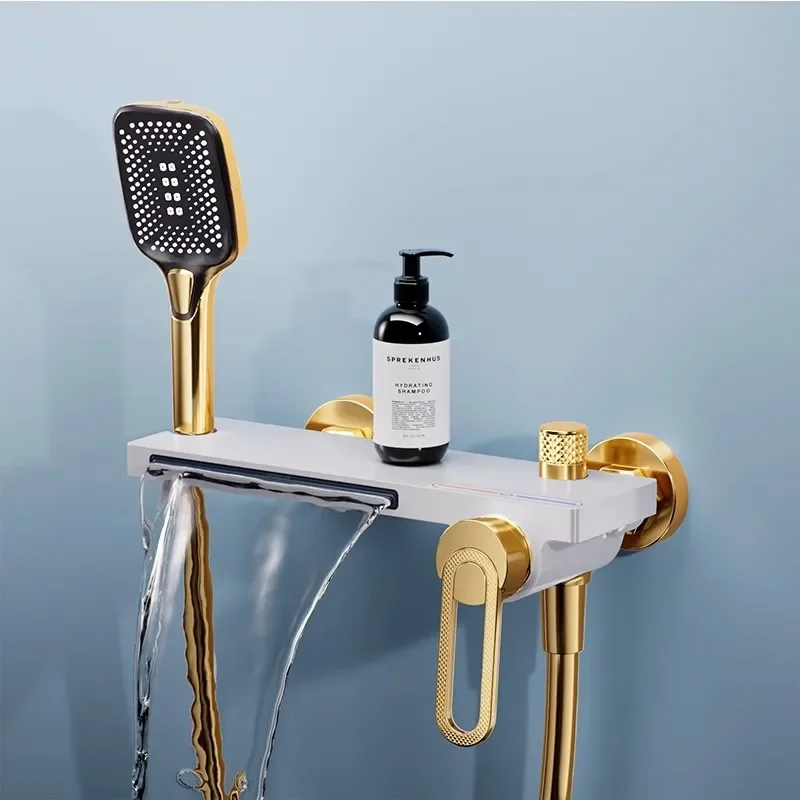 Brushed Gold Bath and Shower Faucet Set Wall Mounted Brass Gray Waterfall Bathtub and Shower Mixer Black Bathroom Taps Brass