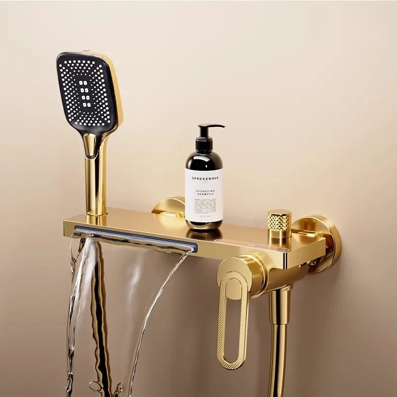 Brushed Gold Bath and Shower Faucet Set Wall Mounted Brass Gray Waterfall Bathtub and Shower Mixer Black Bathroom Taps Brass Color: Gold Brushed Gold Bath and Shower Faucet Set Wall Mounted Brass Gray Waterfall Bathtub and Shower Mixer Black Bathroom Taps Brass Color: Gold