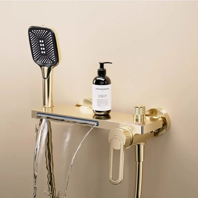 Brushed Gold Bath and Shower Faucet Set Wall Mounted Brass Gray Waterfall Bathtub and Shower Mixer Black Bathroom Taps Brass Color: brushed gold Brushed Gold Bath and Shower Faucet Set Wall Mounted Brass Gray Waterfall Bathtub and Shower Mixer Black Bathroom Taps Brass Color: brushed gold
