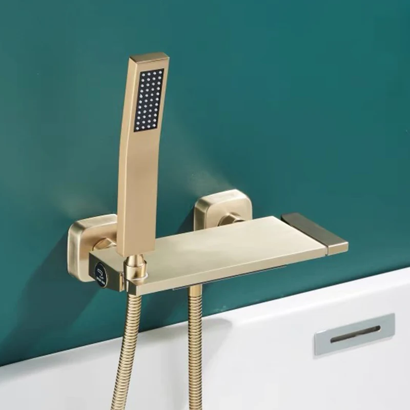 Brushed Gold Waterfall Bathtub Shower Faucet Set