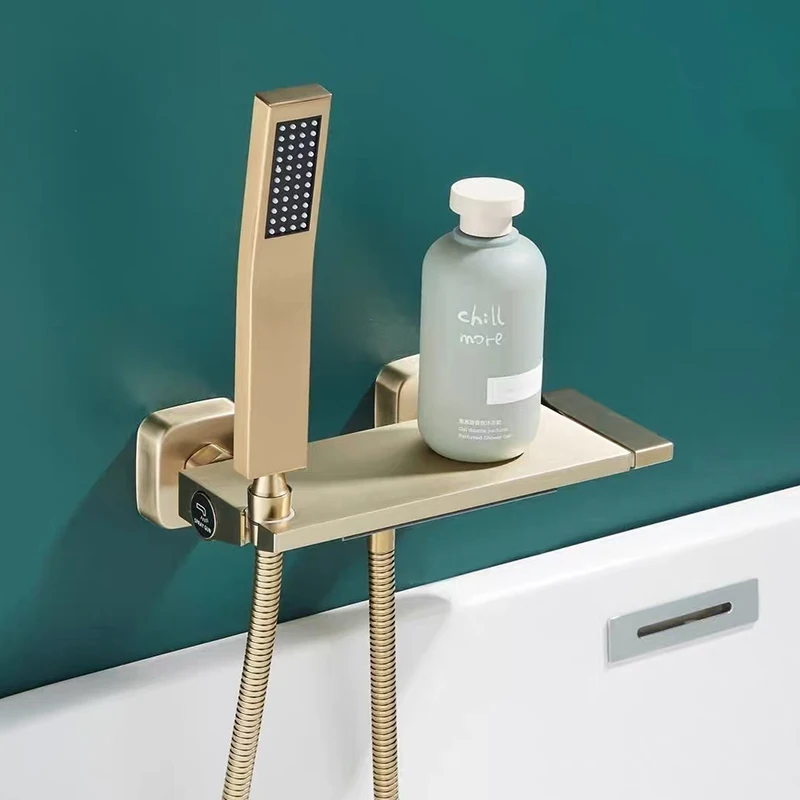 Brushed Gold Waterfall Bathtub Shower Faucet Set