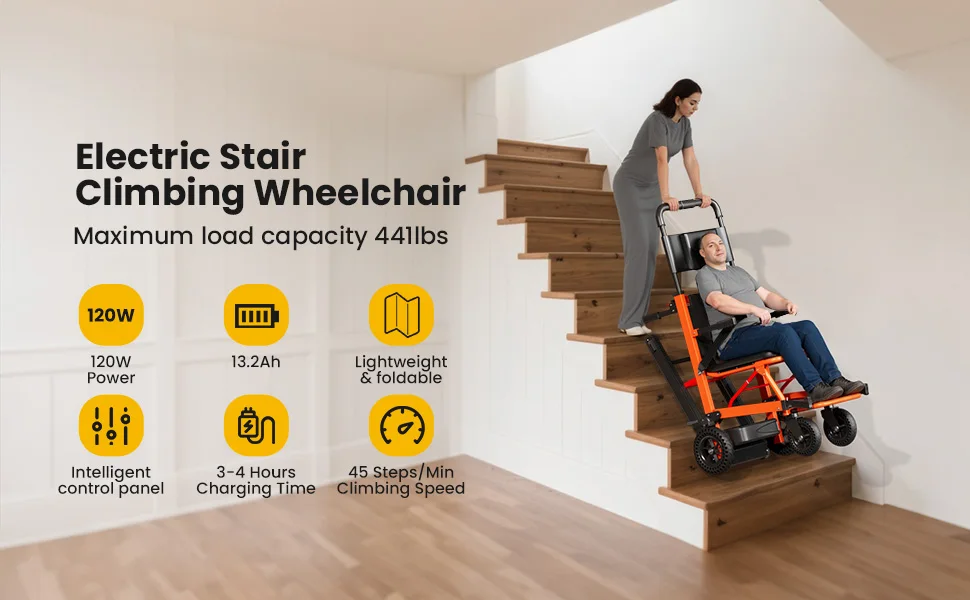 Climbing Wheelchair with Adjustable Backrest & Arms - Heavy Duty Assist Track Stair Chair
