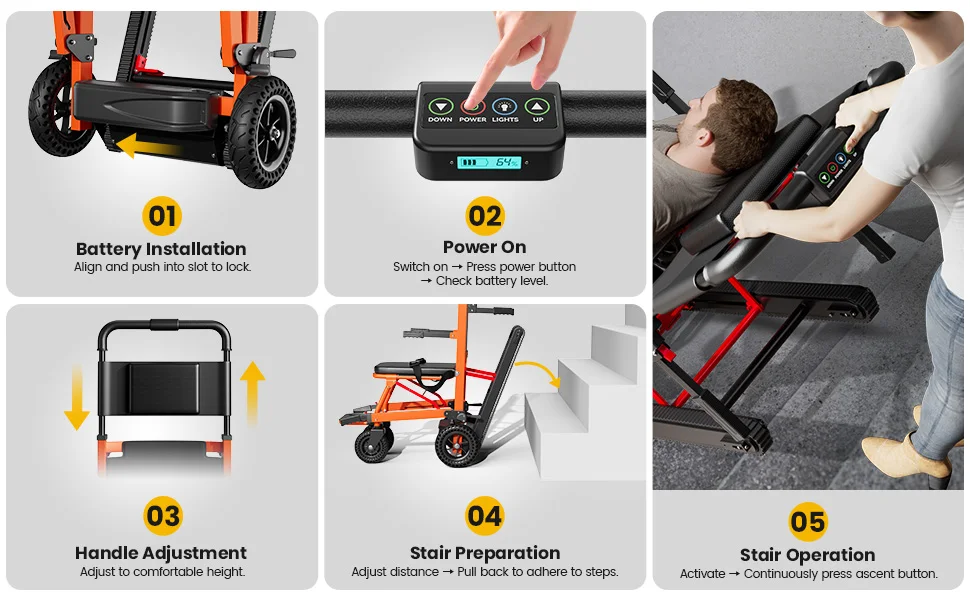 Climbing Wheelchair with Adjustable Backrest & Arms - Heavy Duty Assist Track Stair Chair