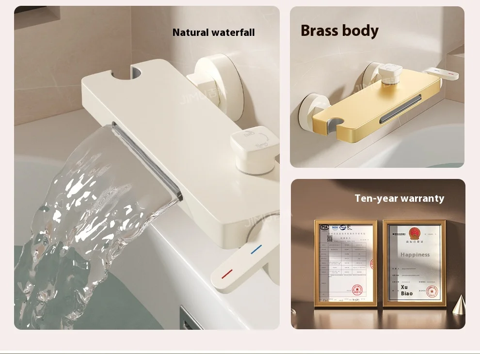 Cream Style Solid Brass Wall Mounted Bathtub Faucet with Waterfall Spout - High Flow Mixing Valve Shower Kit, Easy Install