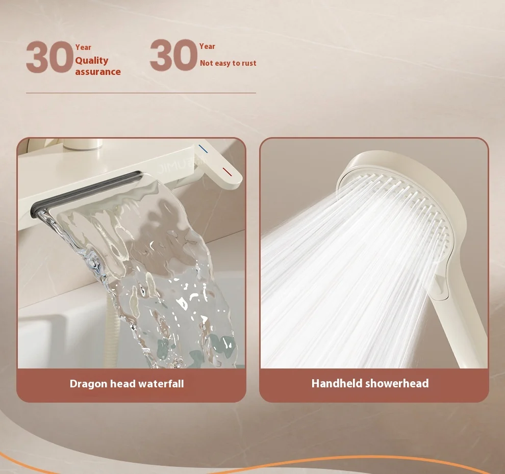 Cream Style Solid Brass Wall Mounted Bathtub Faucet with Waterfall Spout - High Flow Mixing Valve Shower Kit, Easy Install