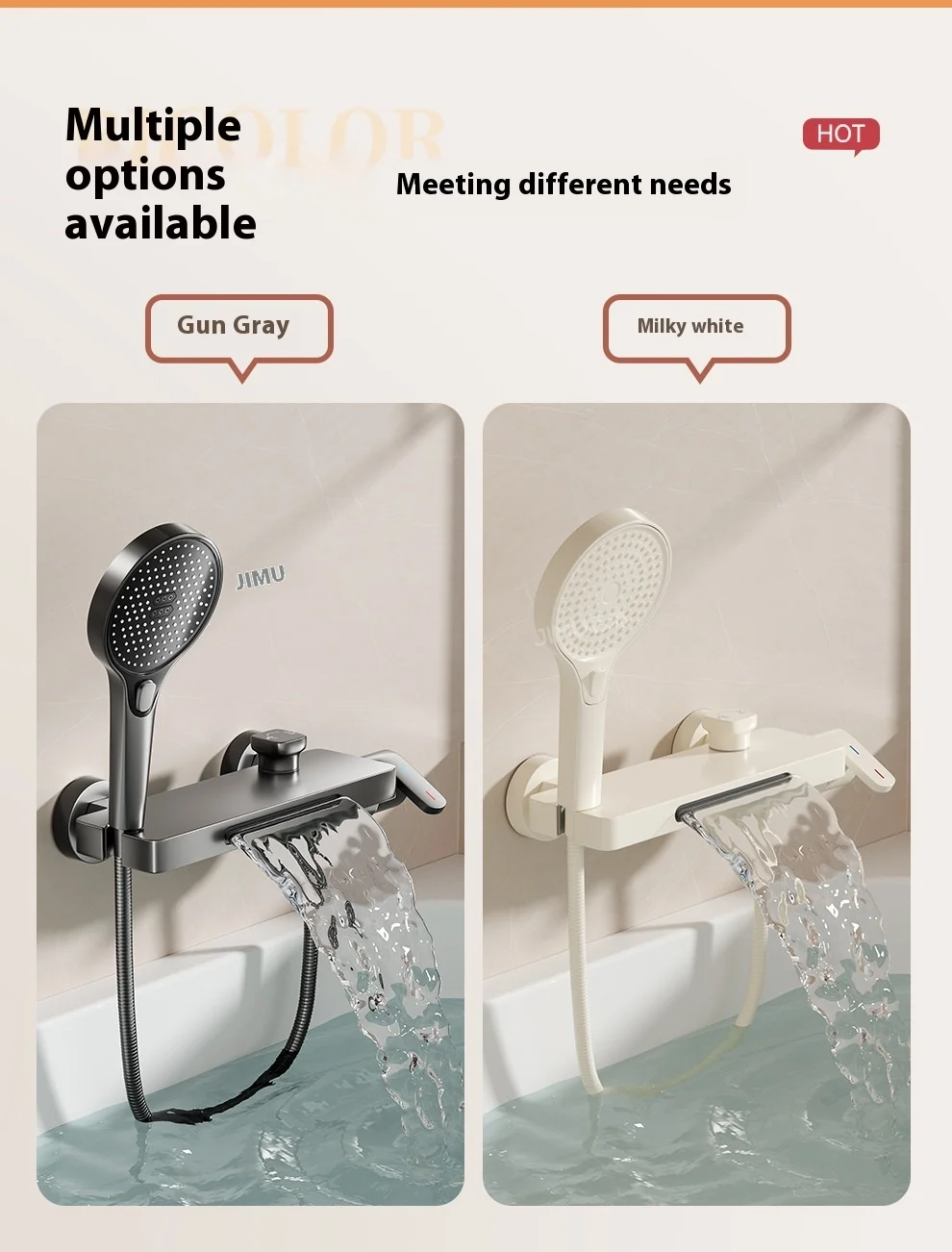 Cream Style Solid Brass Wall Mounted Bathtub Faucet with Waterfall Spout - High Flow Mixing Valve Shower Kit, Easy Install
