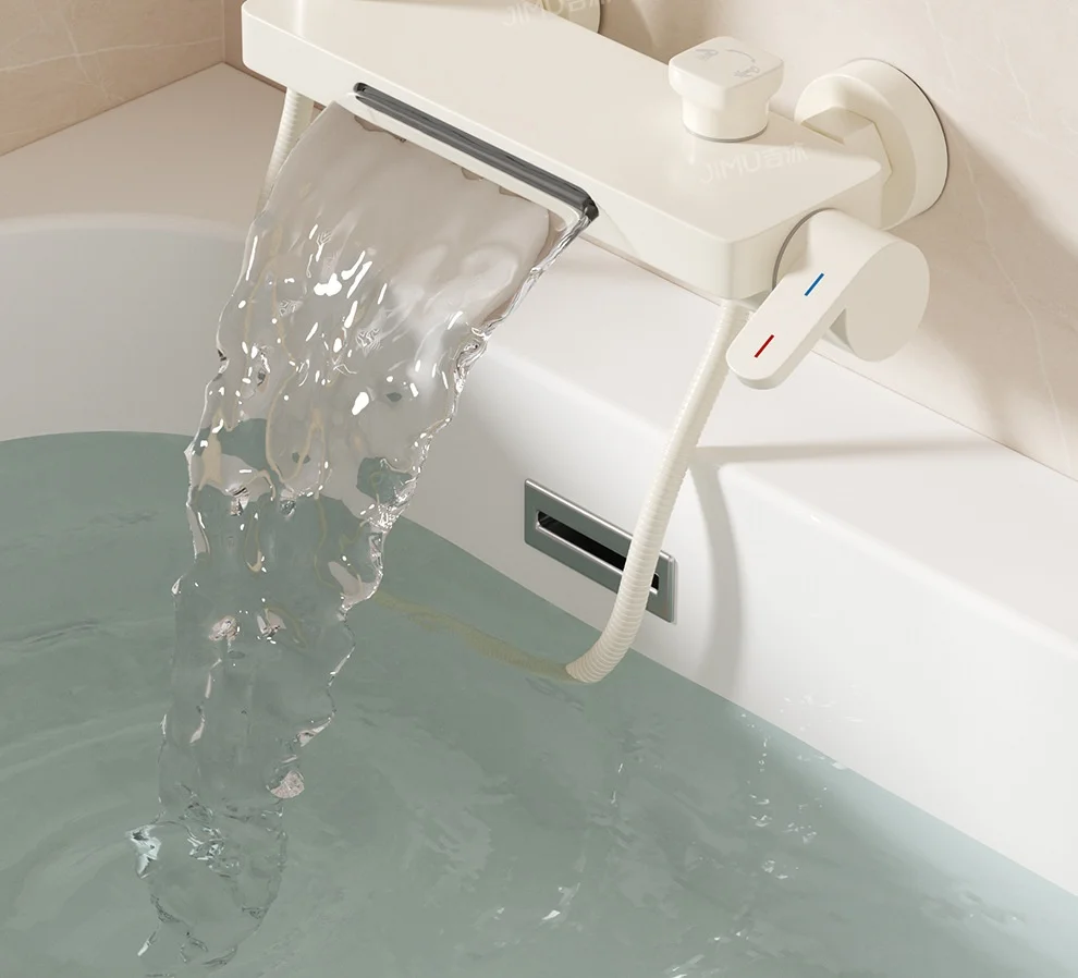 Cream Style Solid Brass Wall Mounted Bathtub Faucet with Waterfall Spout - High Flow Mixing Valve Shower Kit, Easy Install