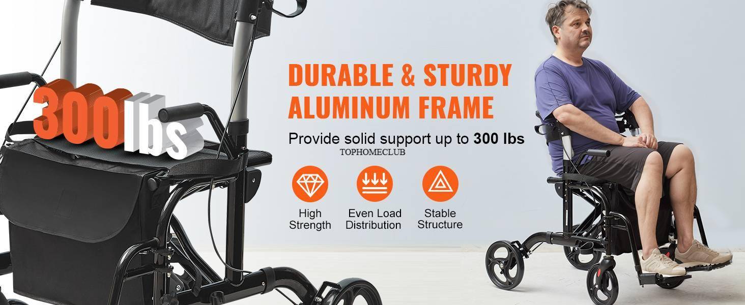 Folding Rolling Walker Wheelchair Combo & Aluminum Mobility Walker