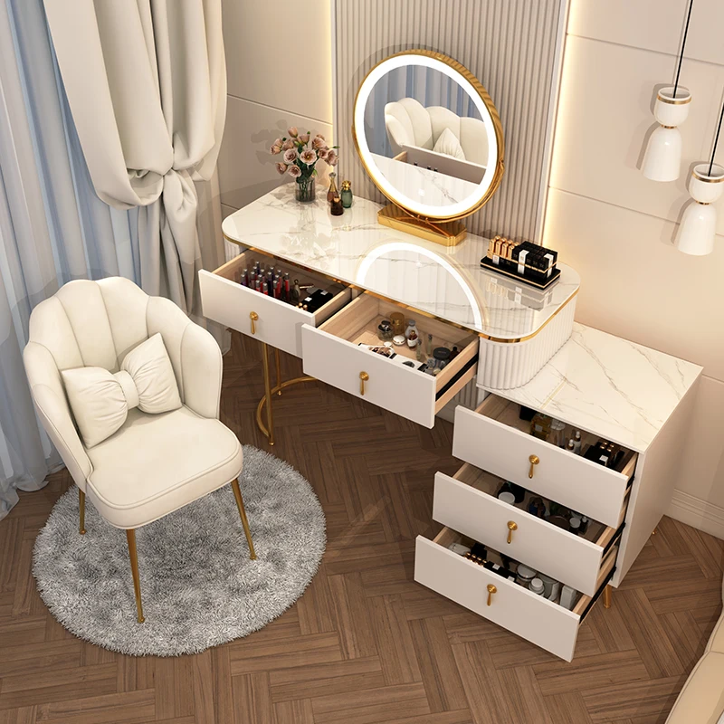 French Beauty Vanity Table Luxury With Light Mirror Trendy Aesthetic Vanity Table With Chair Kawaii Meuble Coiffeuse Furniture French Beauty Vanity Table Luxury With Light Mirror Trendy Aesthetic Vanity Table With Chair Kawaii Meuble Coiffeuse Furniture
