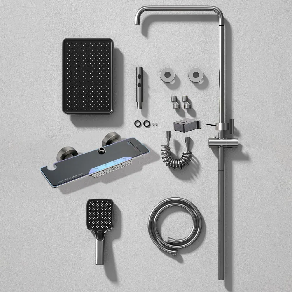 High Quality Shower System Sets Smart Bathroom Temperature Brass Glass Panel Shower Faucet 4 Modes Bathtub Rain Mixer Shower Set